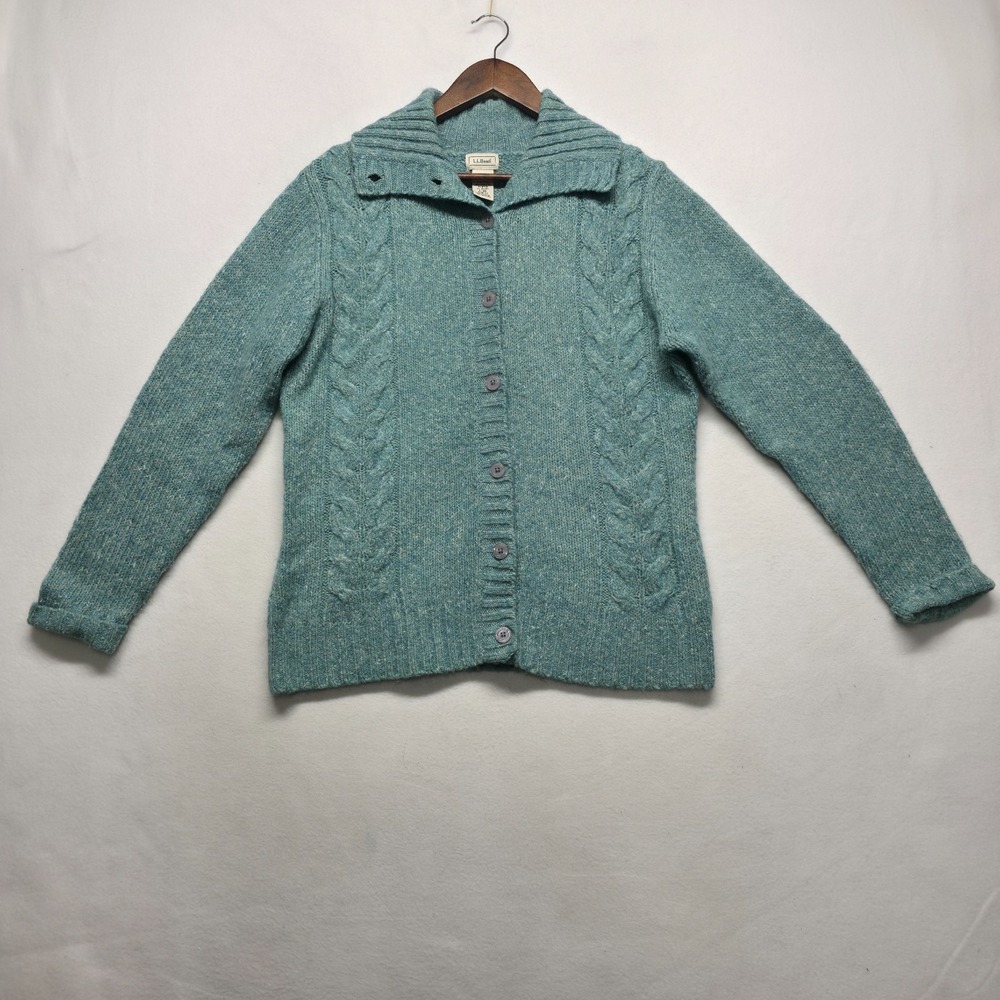LL Bean Women's Blue/Green Wool Blend Cable Knit Cardigan Sweater Size Large Reg